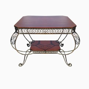 Vintage French Wrought Iron and Mahogany Coffee Table, 1940s-AWL-606009