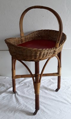 Vintage German Bamboo and Red Plastic Side Table on Wheels, 1960s-HOI-664040