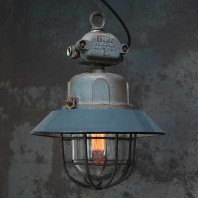 Vintage German Industrial Blue Enamel and Clear Glass Pendant Light by Schaco-BLS-2035701