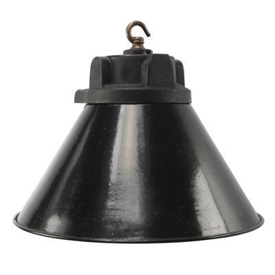 Vintage German Industrial Cast Iron, Black Enamel and Frosted Glass Pendant Light from Siemens-BLS-1805395