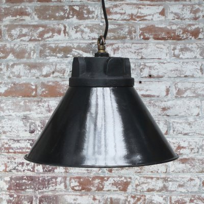 Vintage German Industrial Cast Iron, Black Enamel and Frosted Glass Pendant Light from Siemens-BLS-1805395