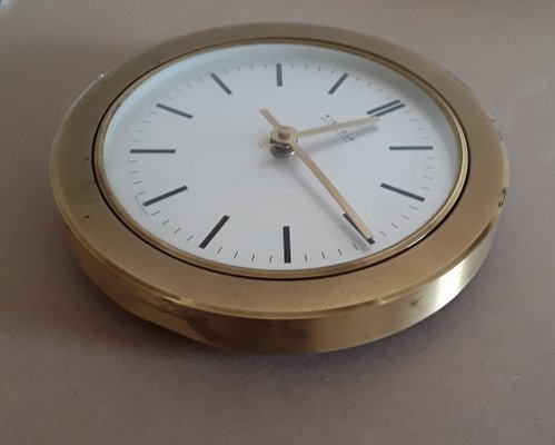 Vintage German Round Automatic Wall Clock with Brass Housing & Arched Acrylic Glass Pane from Kienzle, 1970s-HOI-1396791