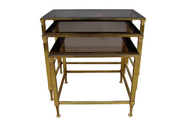 Vintage Gilt Metal and Smoked Glass Nesting Tables, Set of 3-CEJ-488273