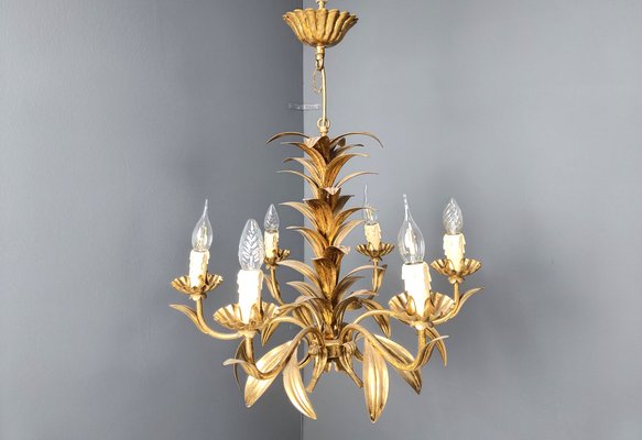 Vintage Gilt Metal Pineapple Leaf Chandelier, 1960s-IRH-2041784