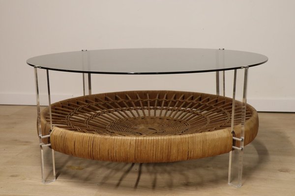 Vintage Glass Coffee Table in Rattan and Acrylic Glass, 1970s-IZV-1749705