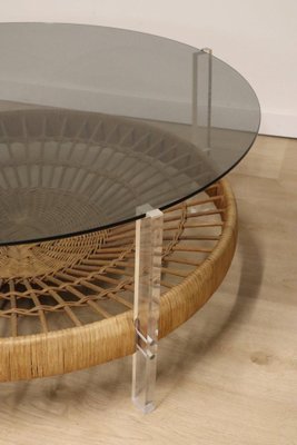 Vintage Glass Coffee Table in Rattan and Acrylic Glass, 1970s-IZV-1749705