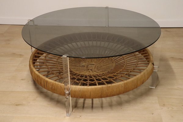 Vintage Glass Coffee Table in Rattan and Acrylic Glass, 1970s-IZV-1749705