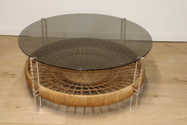 Vintage Glass Coffee Table in Rattan and Acrylic Glass, 1970s-IZV-1749705