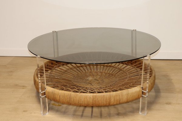 Vintage Glass Coffee Table in Rattan and Acrylic Glass, 1970s-IZV-1749705