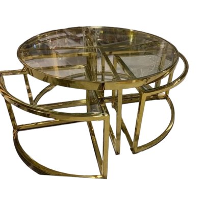 Vintage Gold Metal and Glass Coffee Table with Nesting Tables, Set of 5-TCS-1759571