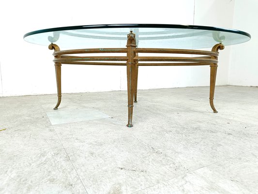 Vintage Golden Metal and Oval Glass Coffee Table, 1970s-IRH-1822788