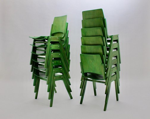 Vintage Green Stacking Dining Chairs by Roland Rainer, Vienna, 1952, Set of 12-NB-920101