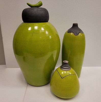 Vintage Green Vases in Raku Ceramics from Befos, Set of 3-NUC-1788266