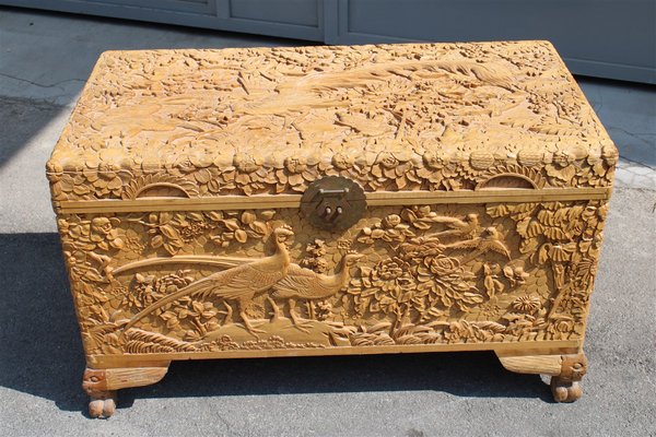 Vintage Hand Carved Maple Chest Trunk with Peacocks Birds and Lotus Flower, 1940s-EH-733733