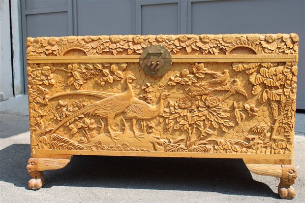 Vintage Hand Carved Maple Chest Trunk with Peacocks Birds and Lotus Flower, 1940s-EH-733733