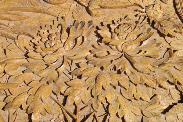 Vintage Hand Carved Maple Chest Trunk with Peacocks Birds and Lotus Flower, 1940s-EH-733733