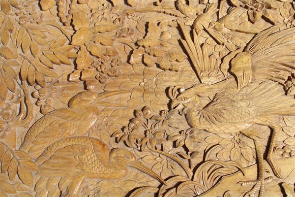 Vintage Hand Carved Maple Chest Trunk with Peacocks Birds and Lotus Flower, 1940s-EH-733733