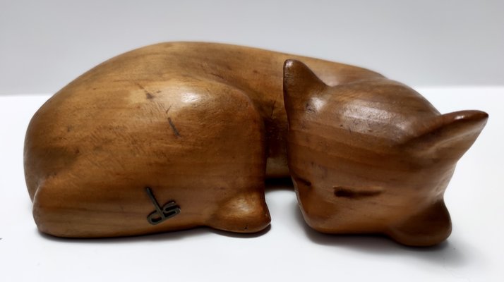 Vintage Hand Carved Wooden Sleeping Cat by De Stijl, 1980s-JPQ-1817669