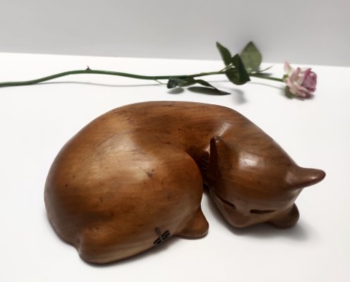 Vintage Hand Carved Wooden Sleeping Cat by De Stijl, 1980s-JPQ-1817669