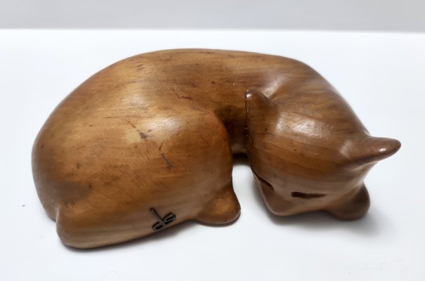 Vintage Hand Carved Wooden Sleeping Cat by De Stijl, 1980s-JPQ-1817669