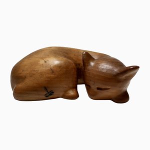 Vintage Hand Carved Wooden Sleeping Cat by De Stijl, 1980s-JPQ-1817669