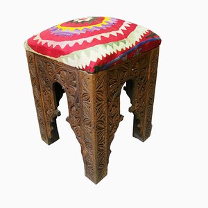 Vintage Hand-Carved Wooden Stoll Chair, Afghanistan-UZN-1427929