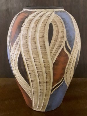 Vintage Handmade Ceramic 305 25 Vase with Bulbous Shape in Red, Blue and Cream White Glaze, 1970s-HOI-1000085