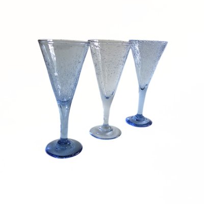 Vintage Handmade Tall Wine Glasses in Light Blue, Set of 3-JKV-1822209