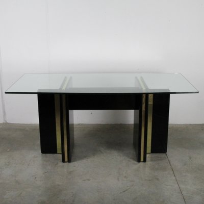 Vintage Hollywood Regency Black Lacquered Dining Table with Gold Trim and Glass Top-NE-904289