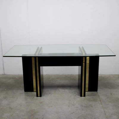 Vintage Hollywood Regency Black Lacquered Dining Table with Gold Trim and Glass Top-NE-904289