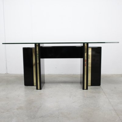 Vintage Hollywood Regency Black Lacquered Dining Table with Gold Trim and Glass Top-NE-904289