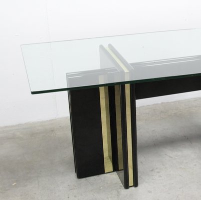 Vintage Hollywood Regency Black Lacquered Dining Table with Gold Trim and Glass Top-NE-904289