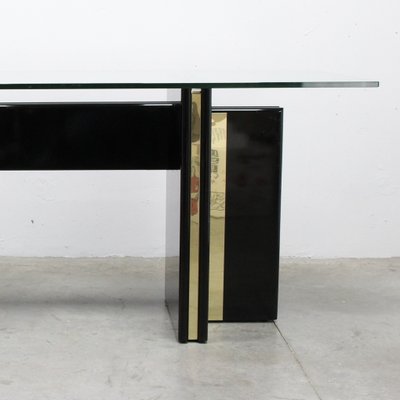 Vintage Hollywood Regency Black Lacquered Dining Table with Gold Trim and Glass Top-NE-904289