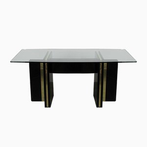 Vintage Hollywood Regency Black Lacquered Dining Table with Gold Trim and Glass Top-NE-904289