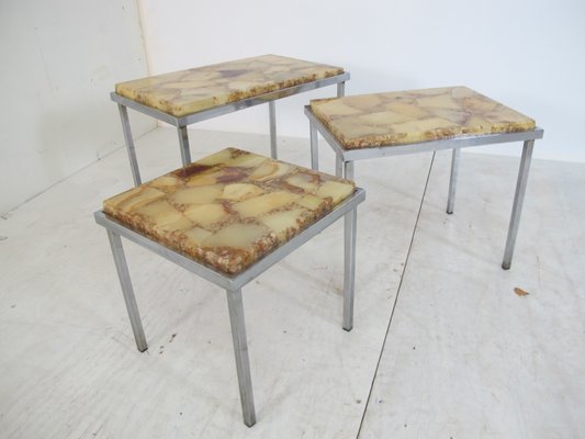 Vintage Hollywood Regency Chrome and Marble Nesting Tables, 1960s, Set of 3-DE-579203