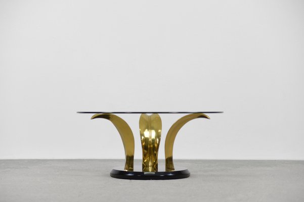 Vintage Hollywood Regency Glass & Brass Palm Leaf Cocktail Coffee Table, 1970s-ZAA-1286580