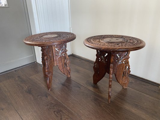 Vintage Indian Hand Carved Wooden Side Tables, Set of 2-DE-1311426