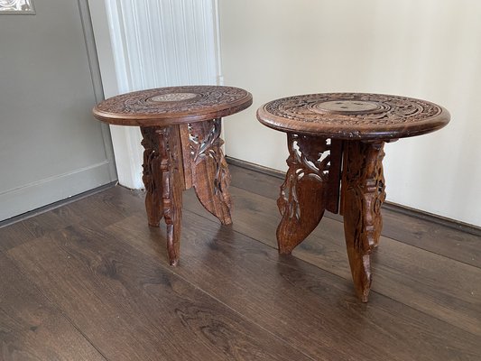 Vintage Indian Hand Carved Wooden Side Tables, Set of 2-DE-1311426