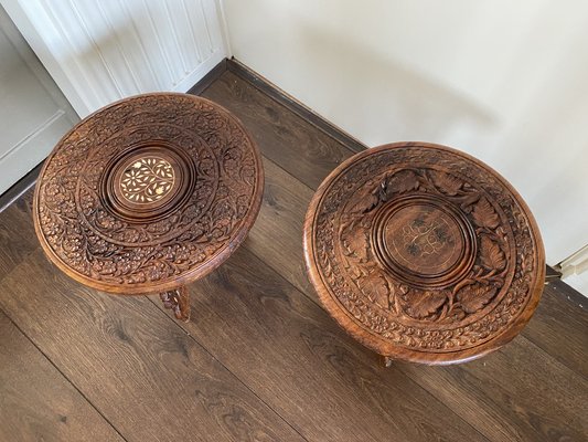 Vintage Indian Hand Carved Wooden Side Tables, Set of 2-DE-1311426