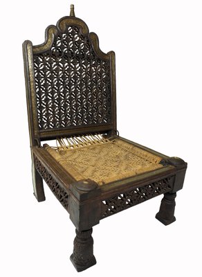 Vintage Indian Traditional Rajistan Tribal Hand-Carved Teak Pida Low Chair, 1920s-UZN-1395181