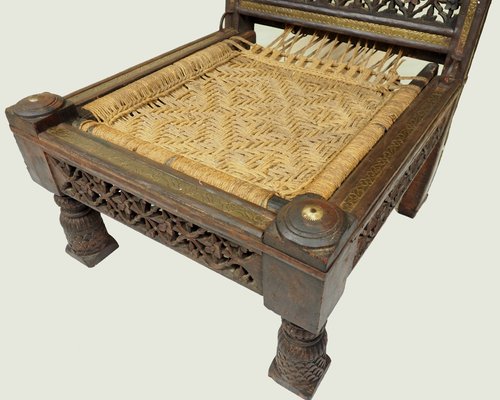 Vintage Indian Traditional Rajistan Tribal Hand-Carved Teak Pida Low Chair, 1920s-UZN-1395181