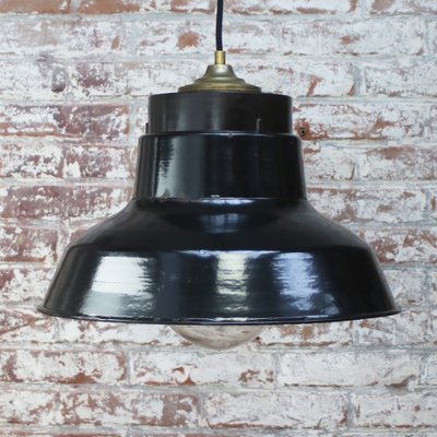 Vintage Industrial Bakelite, Black Enamel & Brass Pendant Light-BLS-1798322