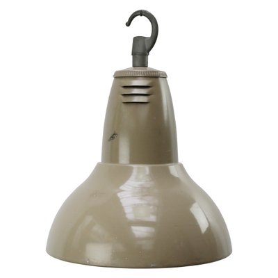 Vintage Industrial Beige Metal & Clear Striped Glass Pendant Lamp from Holophane Paris-BLS-1240945