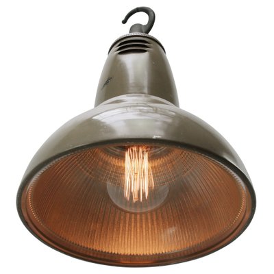 Vintage Industrial Beige Metal & Clear Striped Glass Pendant Lamp from Holophane Paris-BLS-1240945