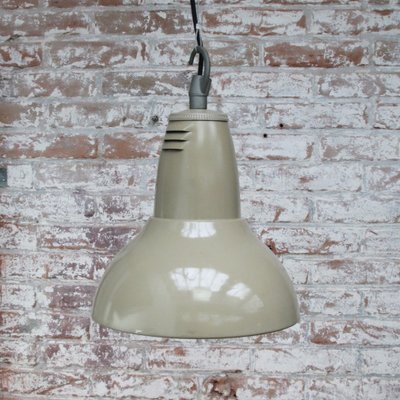 Vintage Industrial Beige Metal & Clear Striped Glass Pendant Lamp from Holophane Paris-BLS-1240945