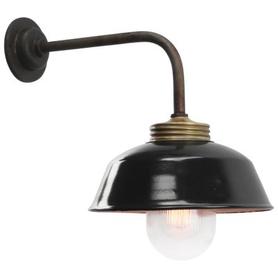 Vintage Industrial Black Enamel, Brass and Clear Striped Glass Wall Light-BLS-1744405