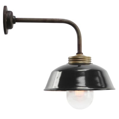 Vintage Industrial Black Enamel, Brass and Clear Striped Glass Wall Light-BLS-1744405