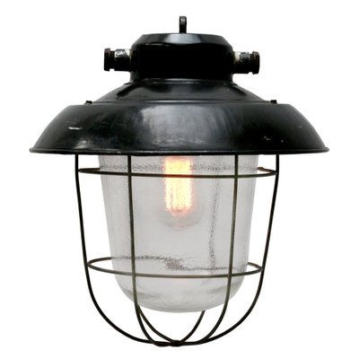 Vintage Industrial Black Enamel Clear Frosted Glass Pendant Lights-BLS-1371779