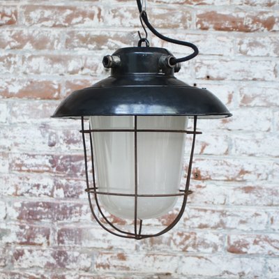 Vintage Industrial Black Enamel & Frosted Glass Pendant Light-BLS-1699808