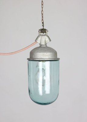 Vintage Industrial Blue Glass and Grey Metal Pendant Lamps, 1950s, Set of 2-HGJ-728084